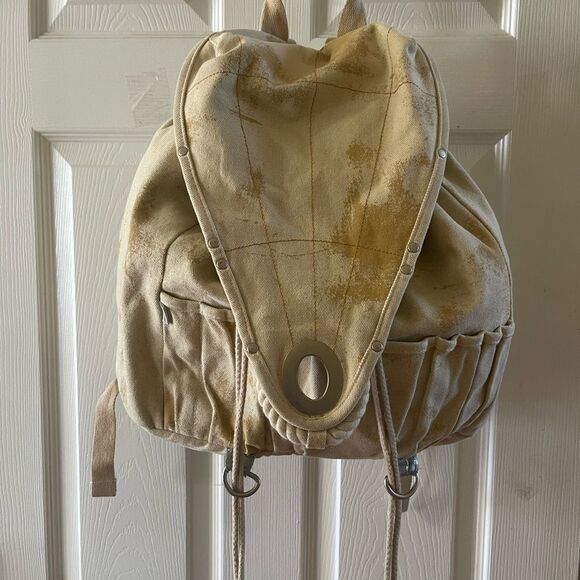 Vintage large canvas & Khaki camel large Backpack silver tone studs & hardwares - Picture 2 of 16
